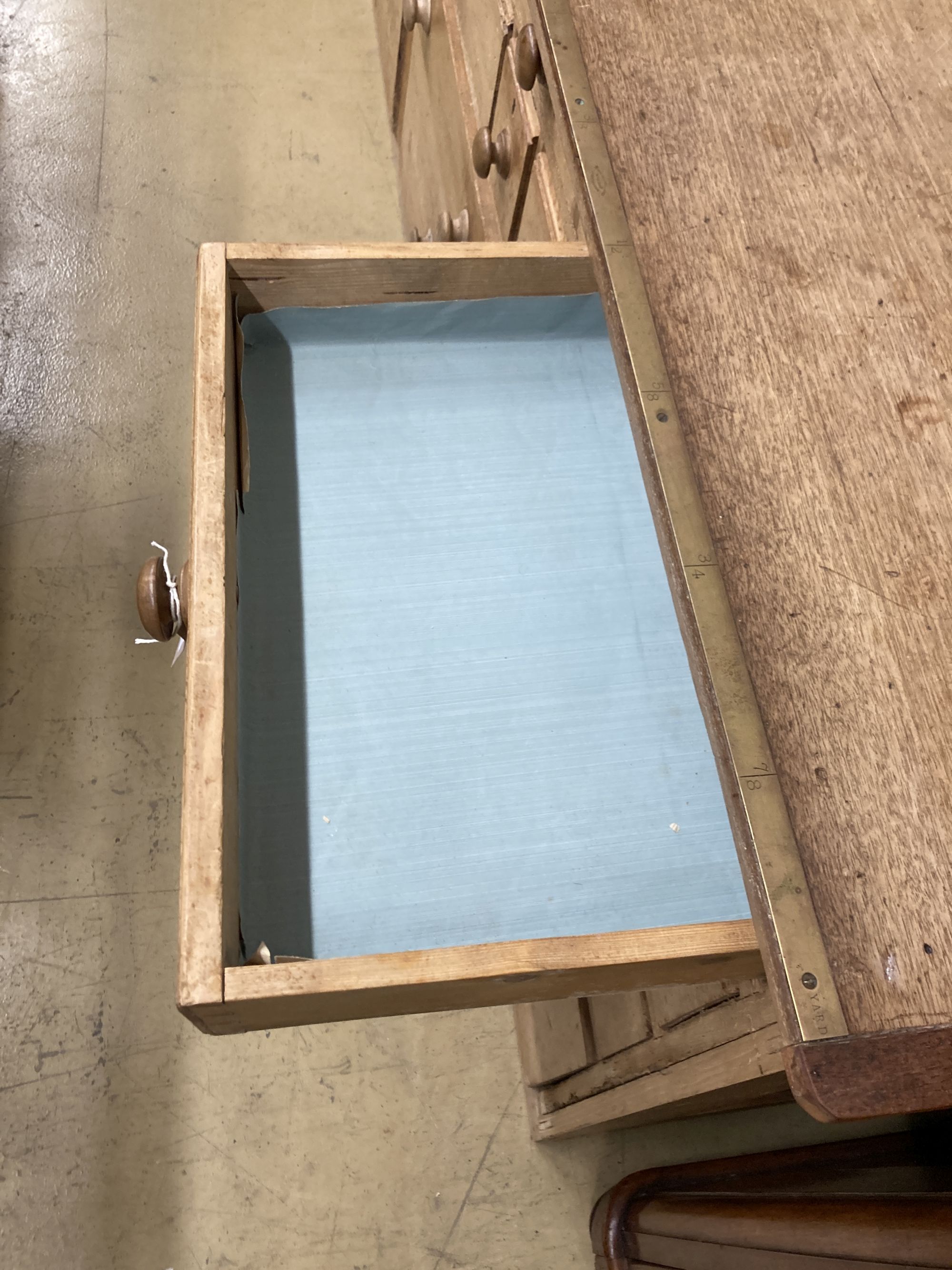 A Victorian pine haberdashery counter, length 232cm, depth 58cm, height 85cm